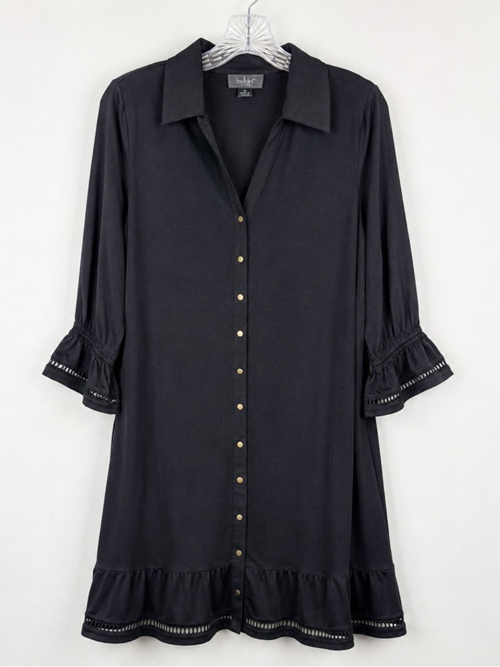 Belldini Black Ladder Trim Button Front Dress XS Shirt Dress Ruffle Hem
